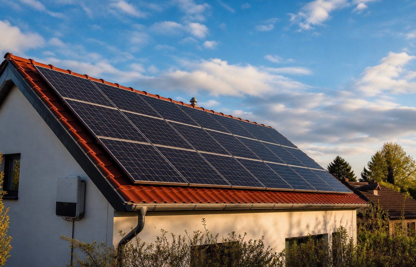 Photovoltaikanlage auf dem Ziegeldach eines Einfamilienhauses