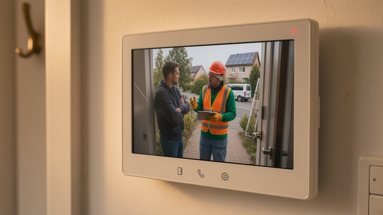 Wandmonitor der Video-Türsprechanlage zeigt einen Monteur im Gespräch mit dem Nachbarn, im Hintergrund die Solarinstallation